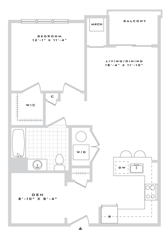 A floor plan of an apartment with a bedroom, living/dining area, and den.